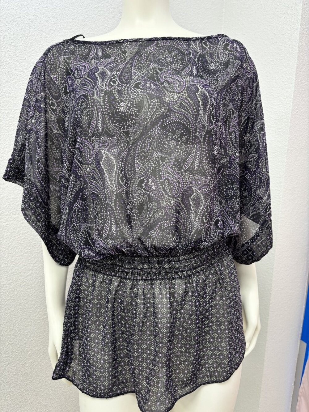 Miley Cyrus & Max Azria Large Sheer Paisley Blouse Batwing Top Y2K NWOT